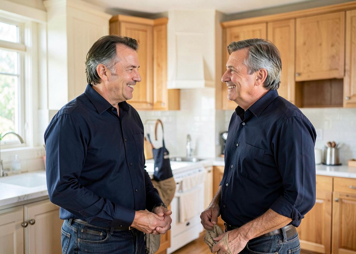 A professional and homeowner sharing a relaxed conversation in a finished kitchen