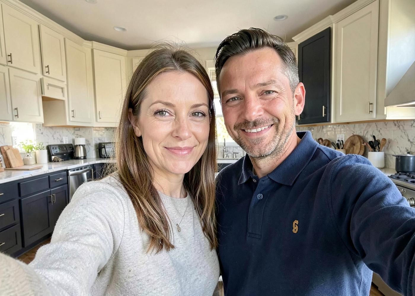 A homeowner and professional taking a photo together after a kitchen remodel